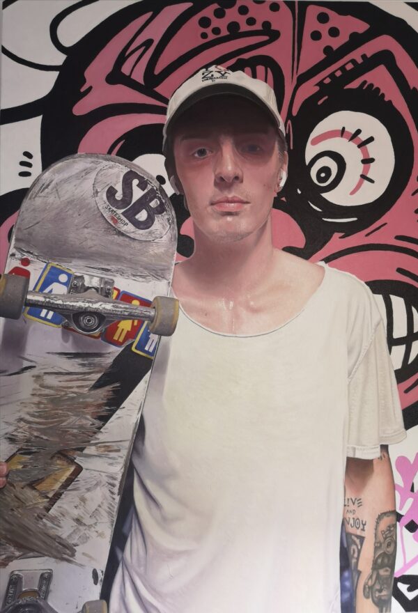 David with skateboard, original hyperrealism painting by James earley